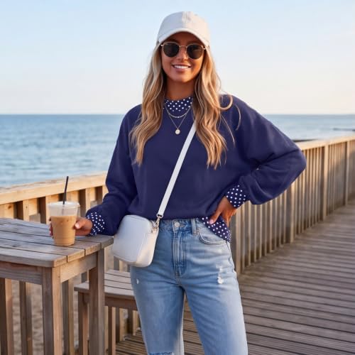 Mock Neck Sweatshirt Women Scalloped Edge Patchwork Polka Dot Pullover - image 7