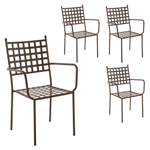 LOLAhome Pack 4 Silla de jardín Cartago Marrón Oxido | Estilo Hierro Forjado | Contract, Resistentes y Duraderas | Apilable y con Brazos | 56x61x90 cm | para Exterior, jardín, terraza | Cartago