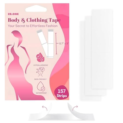 ZB.ONE Double-Sided Fashion Tape for Garments (157 Count), Strong Body Adhesive for Clothes & Skin, Waterproof Dress Tape, Invisible Under Fabric, Hypoallergenic for All Skin Shades, Transparent