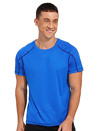 iEFiEL Men's Short Sleeves Rash Guard Swim Shirt UV Sun Protection UPF 50+ Diving Swimming Surfing T-Shirt Sports Tops Lake Blue L