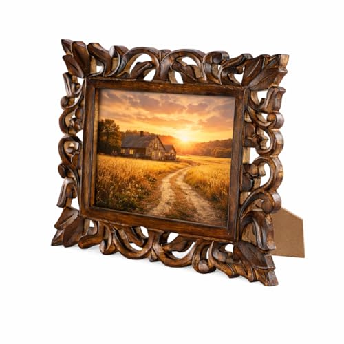indoStrides Hand Carved Mango Wood Rustic 5x7 Picture Frame with Real Glass - Aesthetic Vintage Wood Frame for Tabletop and Wall Mount Use - Rustic Home Decor Perfect for Your Memories — view 2