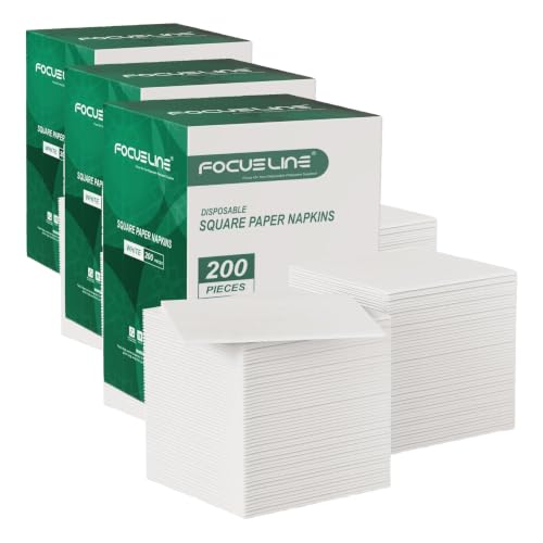 FOCUSLINE 200 Count Linen-Feel Disposable Cocktail Napkins, Soft and Absorbent Bulk Party Beverage Napkins Paper for Bar, Restaurant, Wedding, Dinner or Events, White (Pack of 3)