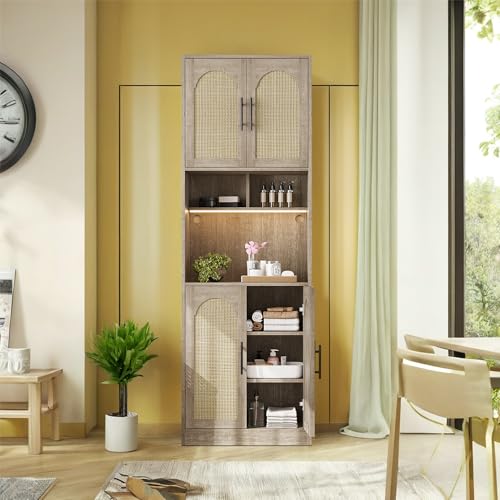 Image of IDEALHOUSE 71 inch Tall Pantry Cabinet with Countertop & LED Light Strip - Kitchen Storage Cabinet with Microwave Shelf & Adjustable Shelves, Farmhouse Kitchen Hutch for Dining Room, Oak