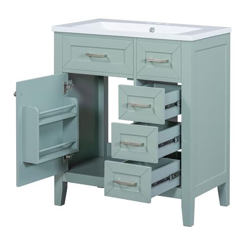Image of Favfurish 30 inch Bathroom Vanity with Ceramic Sink,Undermount Single Basin Bath Vanity Set w /Soft-Close Door and 3 Drawers,Modern Freestanding Storage Cabinet,Solid Wood Frame,Green