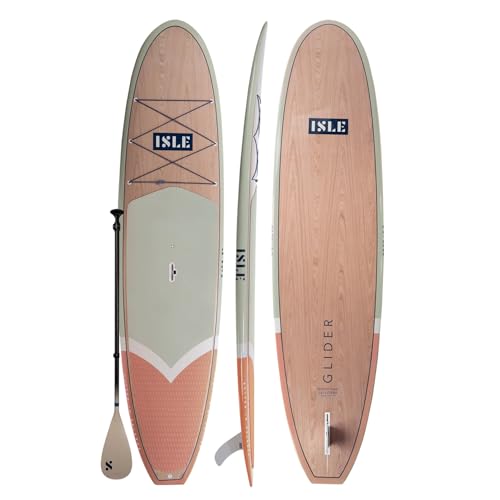 ISLE Glider Rigid Epoxy Stand Up Paddle Board with SUP Package — Wood Grain Board Includes Paddle, Leash, Fin — 10'10