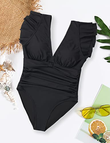 Blooming Jelly Women's Tummy Control Swimsuit One Piece Full Coverage Plus Size Bathing Suit Black Push Up V Neck Monokini (Black,Xx-Large) #TOP4