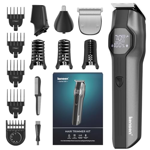 Kensen Maquina de Cortar Pelo Hombre, Recortadora de Barba 4 en 1 con Pantalla LED, IPX7 Impermeable Cortapelos Hombre profesional para Corporal Nariz Orejas, 8 Peines Guía, 210 mins Uso