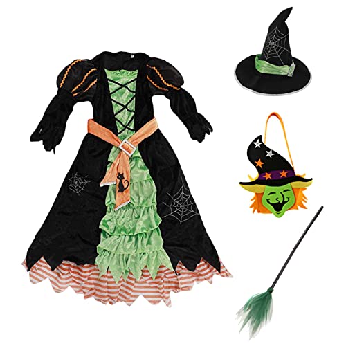 Halloween Witch Costumes Girls Deluxe Kids Halloween Dress Witch Hat Broomstick Halloween Candy Bag Outfit For Party (L, Green) #TOP4