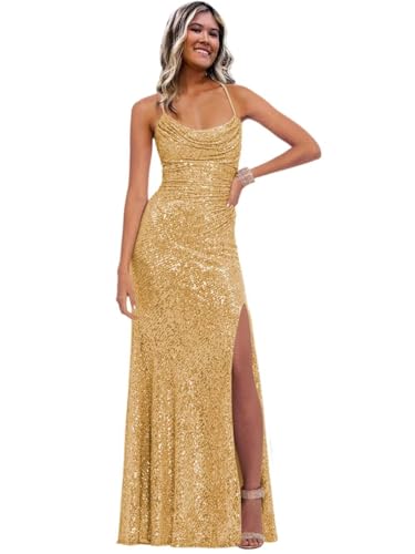 Image of Stylefun Women's Halter Mermaid Prom Dresses with Slit Long Sequin Formal Cocktail Party Dress STN027