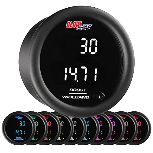 GlowShift 10 Color Digital Dual Boost & Wideband Air/Fuel Ratio AFR Gauge Kit - Includes Electronic Sensors, Data Logging Output, Weld-in Bungs & Wiring - Multi-Color LED Display - 2-1/16" (52mm)