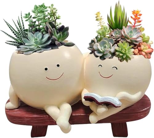 Face Planter Pots,Cute Smile Succulent Pots with Drainage Hole,Planters Sitting on Bench Double Head,Resin Planter for Indoor Outdoor Plants