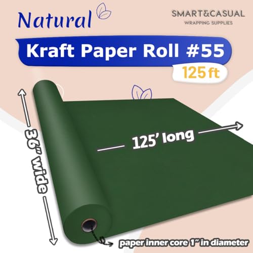Image of SMART&CASUAL 36 inch x 1,500 inch (125') Dark Green Kraft Craft Paper Roll for Gift Wrapping Bulletin Board Bouquet Flower Art Packing Parcel Table Covering 80GSM 55LB (Dark Green, 36 inch x 125')