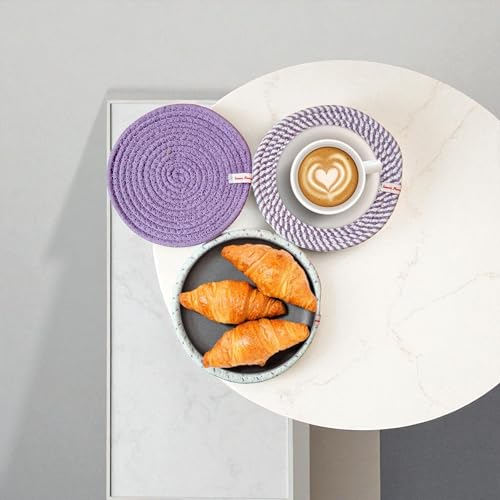 Image of SereneHomes Round Cotton Trivets for Hot Pots - Dining Table Accessories | Heat Resistant Pads & Kitchen Slab Mats | Set of 3 Fancy Kitchen Coasters (Lavender, 18 cm)