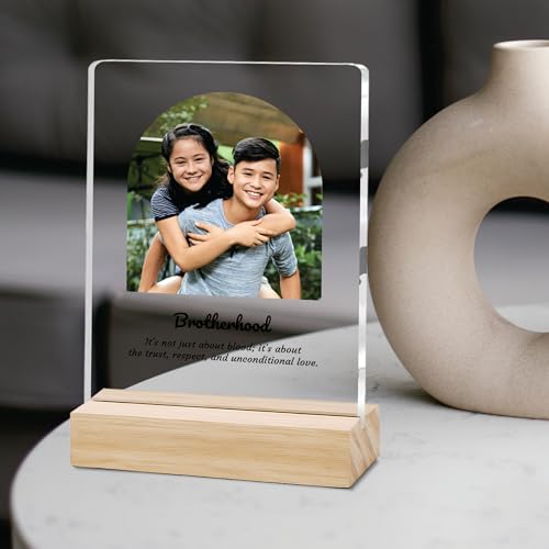 Image of Giftplease Customized Photo and Text Frame with Wooden Stand | Personalised Printed Photo Frame | Gift for Brother | Birthday | (Transparent, 5MM, 6 * 8 Inches), Tabletop BG 07