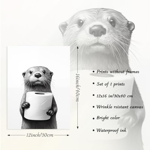Dazzlewall Lustiges Badezimmer WandBild, Niedlicher Otter mit Toiletten Bild, Schwarz Weiß Tierbild für Badezimmer Toiletten Deko 12x16 Zoll Ungerahmt