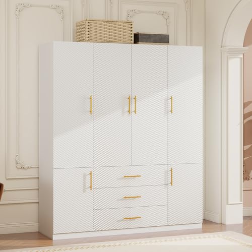 ClassyCabin White Wooden Armoire Wardrobe Closet 4 Doors, 2 Hanging