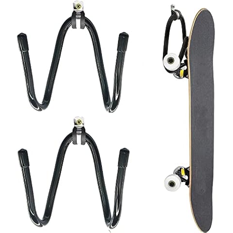 KKSTY 2 Pack Skateboard Wall Mount, Adjustable Skateboard Wall Hanger Rack Storage Display with Screws, Black Hook Holder for Skateboard,Guitar,Headset,Gamepad,Coats,Bags Cover