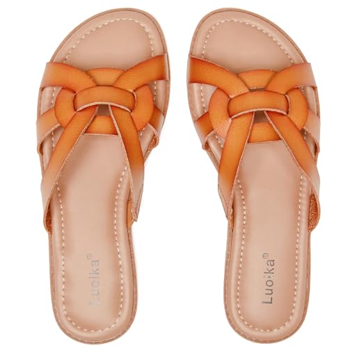 Luoika Women's Wide Width Flat Slides Sandals, Slip on Slide Sandal Casual Comfortable Summer Beach Shoes for Women. 902,Tan,8.5XW