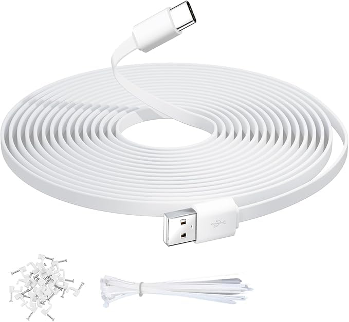 OXZEEWEE 超長USB A-USB C延長フラットケーブル 5m/16.4フィート(固定用釘・結束バンド付属)、防犯カメラ・Tapo C120・Eufy S3 Pro・Wyze・Blink用充電ケーブル(ホワイト)