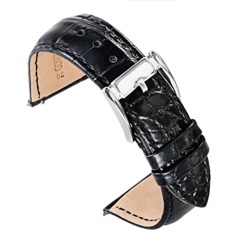 Carty Quick Release Black Leather Watch Band for Men 20mm Embossed Lizard-texture Calfskin Replacement Watch Strap Leather Black