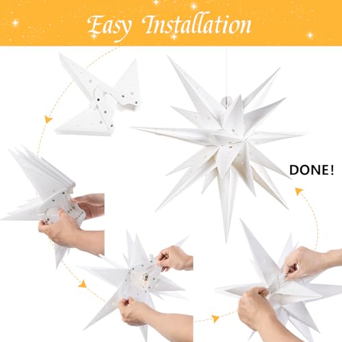 Image of SUNBEAUTY 21 Inches White Large Moravian Stars Outdoor Light Warm White LED Hanging Star Lights 3D Christmas Tree Topper Star for Holiday Wedding Birthday Porch Party Decor