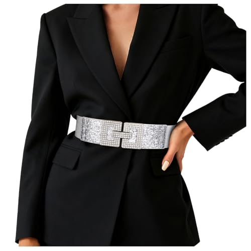 JasGood Damen Gürtel Breiter elastischer Taillengürtel mit Silber-Strass Schnalle Vintage Retro Stretchy Gürtel für Kleid und Strickrock