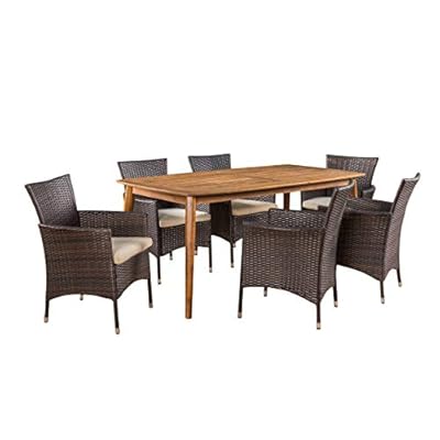 Christopher Knight Home Matthew Outdoor 7 Piece Multibrown Wicker Set with Teak Finish Rectangular Acacia Wood Dining Table and Beige Water Resistant Cushions