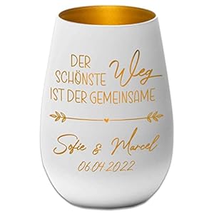 Hochzeitsgeschenk – Windlicht – Der schönste Weg ist der gemeinsame – Weiß/Gold – personalisierbar – Gravur Namen und…