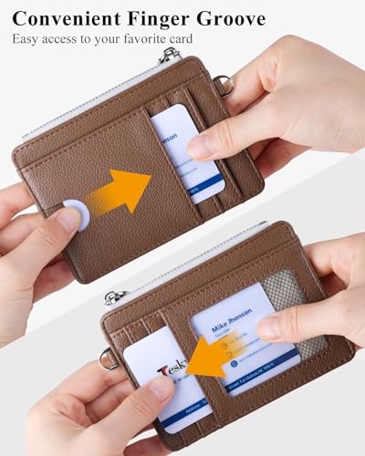 Image of Teskyer Slim Minimalist Wallet, RFID Blocking Credit Card Holder Leather Wallet with Zipper Pocket for Men Women, Coffee, 3.5 inch x 4.7 inch, Minimalist | Zip Pocket for Cash Coin, 1 ID Window & 7 Card Slots, Ultra Slim Design, D-Ring for Neck Lanyard, for Daily Carry and Travel