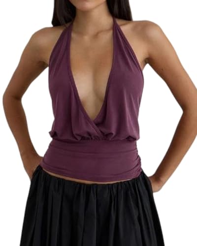 Image of Women Y2k Halter Top Sleeveless Backless Deep V Neck Wrap Front Ruched Camisole Going Out Vest Party Night-Out Tank Top (A-Purple, S)