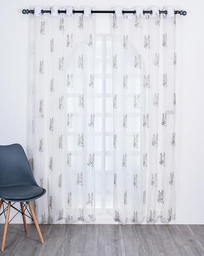 Image of (7 Ft Sheer Tissue with Embroidery Tree Design | Eyelet Window Long Curtain | Window Single Curtain (Golden & Grey) | for Home | (Pack of 1)