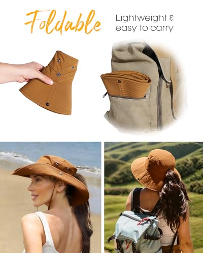 Image of FURTALK Sun Hats for Women Ponytail Wide Brim Summer Packable Cowboy Hat | 100% Nylon, Convertible Cowboy Style, Foldable & Packable, Adjustable Drawstring, Ideal for Hiking, Gardening, Beach Boating