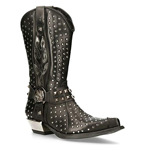New Rock M-7928-S1 Men's WESTERN COWBOY BOOTS Black Leather Heavy Biker SILVER STUDS3