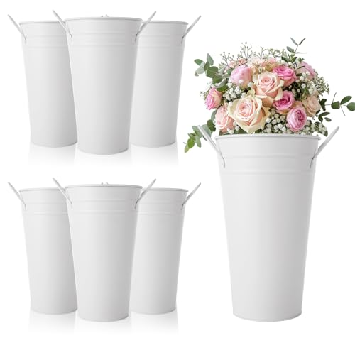 MIVIDE 6 Pack White Flower Buckets, 9.8 Inch Galvanized Metal Vases for Flowers, Flower Bucket with Handles, Farmhouse Vases for Wedding, Balcony Garden, Home Decor