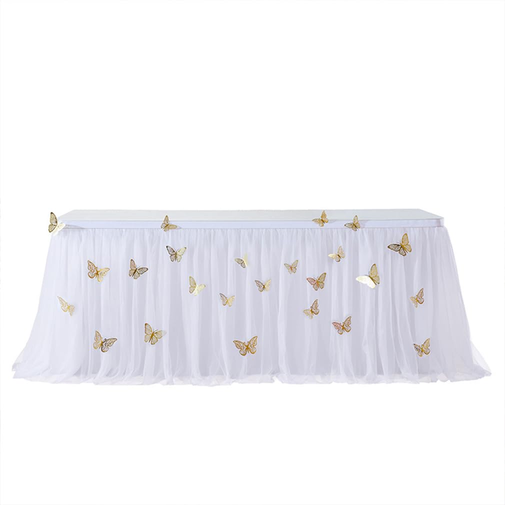 Tiulowy obrus na stół, dekoracja stołu z motylem, na biurko, gaza, dekoracja stołu, na imprezę, wesele, chrzest, bankiet, biały, dł. 275 cm x wys. 77 cm