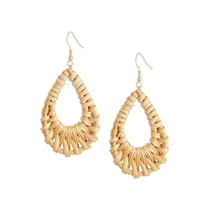 Boho Oval Rattan Wood Dangle Drop Earrings for Women, Bohemian Beach Statement Jewelry Gift for Women