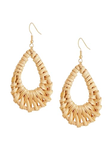 MINACHI Boho Chic Handmade Rattan Wood Dangle Drop Earrings for Women, Bohemian Summer Beach Statement Jewelry Gift for Women