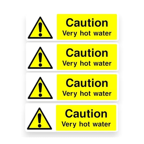 Image of 4 Pack - Small 10cm Caution Very HOT Water Self Adhesive Stickers - Danger Boiling Warning Sign Kitchen Resturant SG321