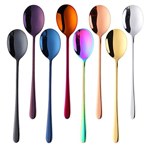 Cuillères à Soupe en Acier Inoxydable de Couleur Cuillères à Long Manche Cuillères à Soupe en Or Rose pour crème glacée Cuillères à dîner Cuillère de Service pour Riz/sal,(6pcs Purple)