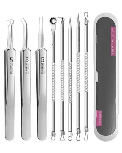 ZEXIJOW 8 piezas de removedor de puntos negros,Juego de pinzas para eliminar el acné con estuche de metal,Herramienta de acero inoxidable para eliminar puntos negros