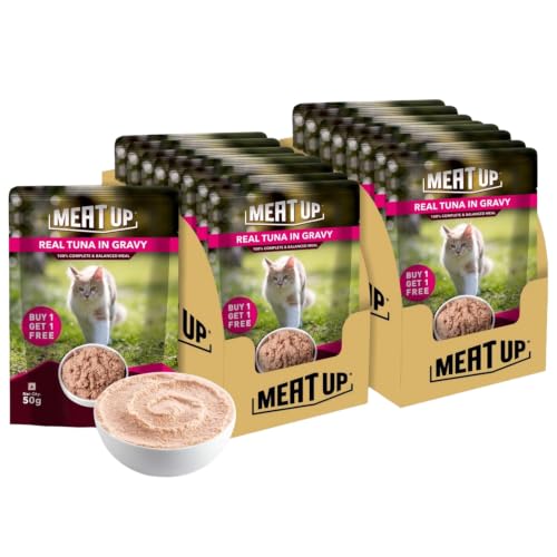 Meat Up Adult Cat Wet Food 16 Pouches × 50g, Total 800g | Real Tuna in Gravy | Supports Heart & Vision Health | Strong Bones & Teeth | Natural Flavours | Organic Minerals & Vitamins