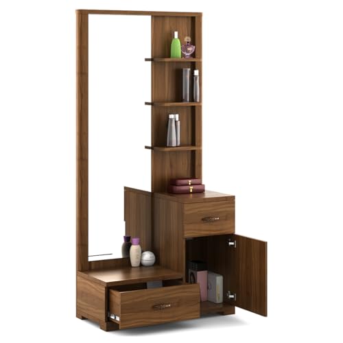 Image of Spacewood Dressing Table | Harmony | 3 Year Warranty | 3 Shelves & 2 Drawer, 1 Shutter Storage, Vanity Table for Bedroom, Living Room, and Home| Engineered Wood | Natural Teak