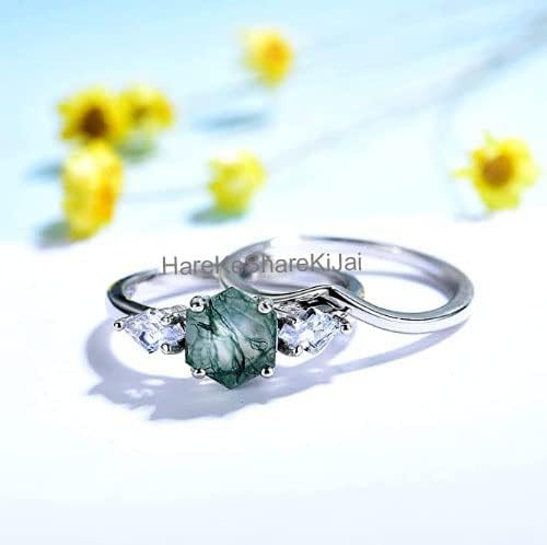 Moss Agate Engagement Ring Set, Hexagon Cut Green Stone Ring, 925 Sterling Silver Bridal Jewelry, Vintage Three Stone Wedding Ring, Antique Silver Anniversary Jewelry for Women