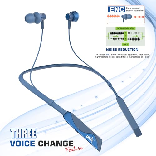 Image of Unix Elite 1 Charm Wireless Neckband | ENC Bluetooth Headset with Voice Changer (4 Modes) | 48H Playtime | Deep Bass | Magnetic Earbuds | Sweat Resistant | Stylish Neckband with Mic (Blue)
