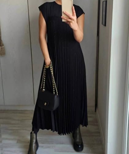 SEMATOMALA Women's Pleated Short Sleeve Maxi Dress Crewneck Loose Fit Flowy Swing Long Dress with Pockets2
