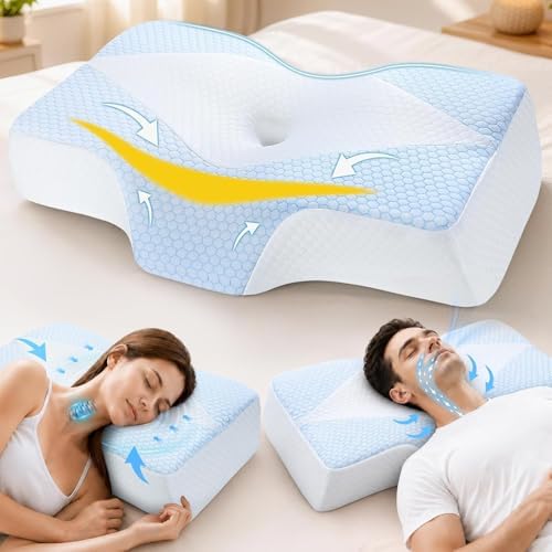 Mkicesky Orthopedic Memory Foam Pillow for Neck Pain, Cervical Neck Support Pillow for Side Back & Stomach Sleepers, Ergonomic Contour Bed Pillow with Cooling Washable Cover - Reading Pillow