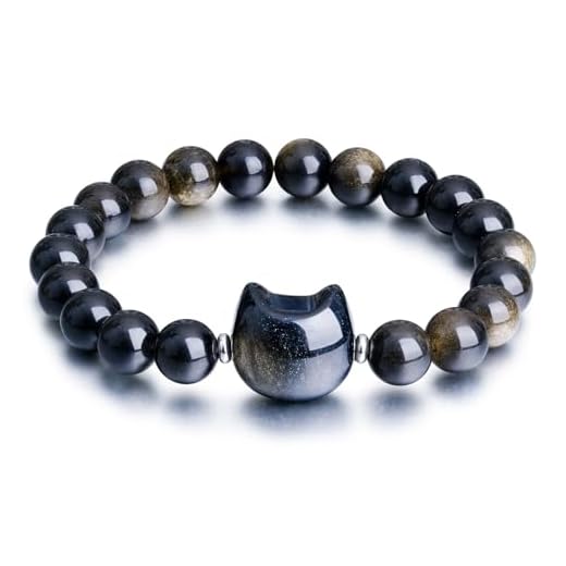 Togous Pulseiras femininas para gatos, pulseiras elásticas de obsidiana, presente para amantes de gatos, Adjustable, Pedra, Pedra natural