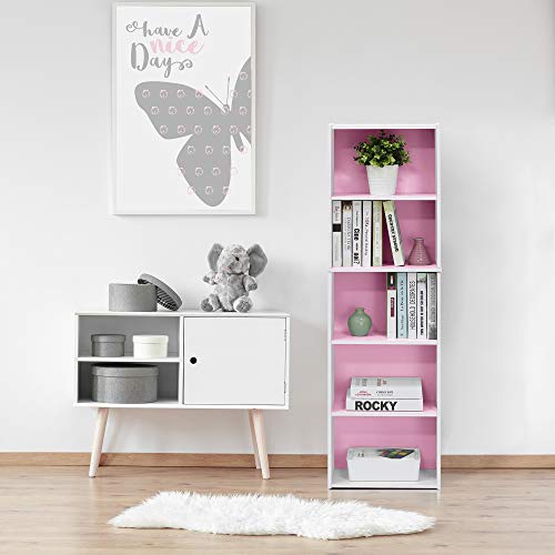 Furinno LUDER Book Shelf, 5-Tier Bookshelf, Bookcase with Open Shelves, 9.4 x 15.8 x 52, Easy Assembly, for Living Room, Bedroom, Home Office, White/Pink by Furinno - Image 8