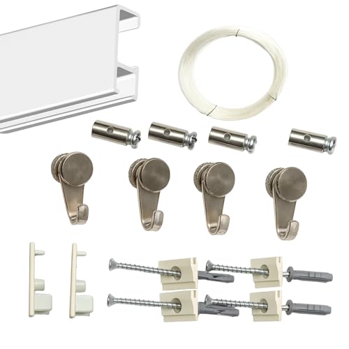Pack Basic RM para Colgar Cuadros | Barra Guía de 150 cm de Aluminio Blanco | 4 Ganchos Nylon hasta 15 kg | Soporta 35 kg/ml | Incluye Tacos y Tornillos