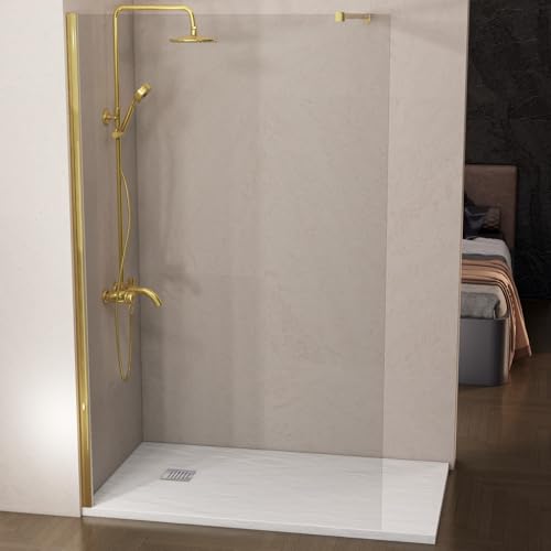 HOGAKIS Mampara de Ducha Fija Oro 80 x 200 cm, Cristal Templado Transparente 8 mm con Tratamiento Antical, Panel Walk In Reversible para Baño Moderno